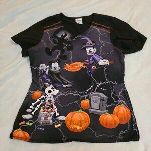 Disney Halloween Scrub Top With Mickey, Minnie & Goofy Graphics Black Medium